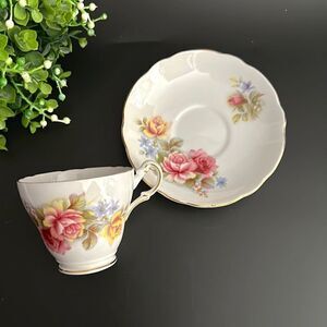 Regency England Pink and Yellow Roses Bone China Tea Cup and Saucer Gold Trim